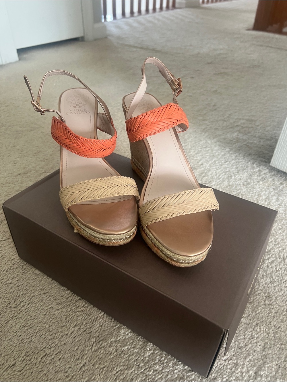 Vince Camuto Orange and Beige Braided Wedge Sandals